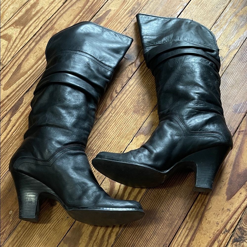 Black Leather Heeled Boots for Women